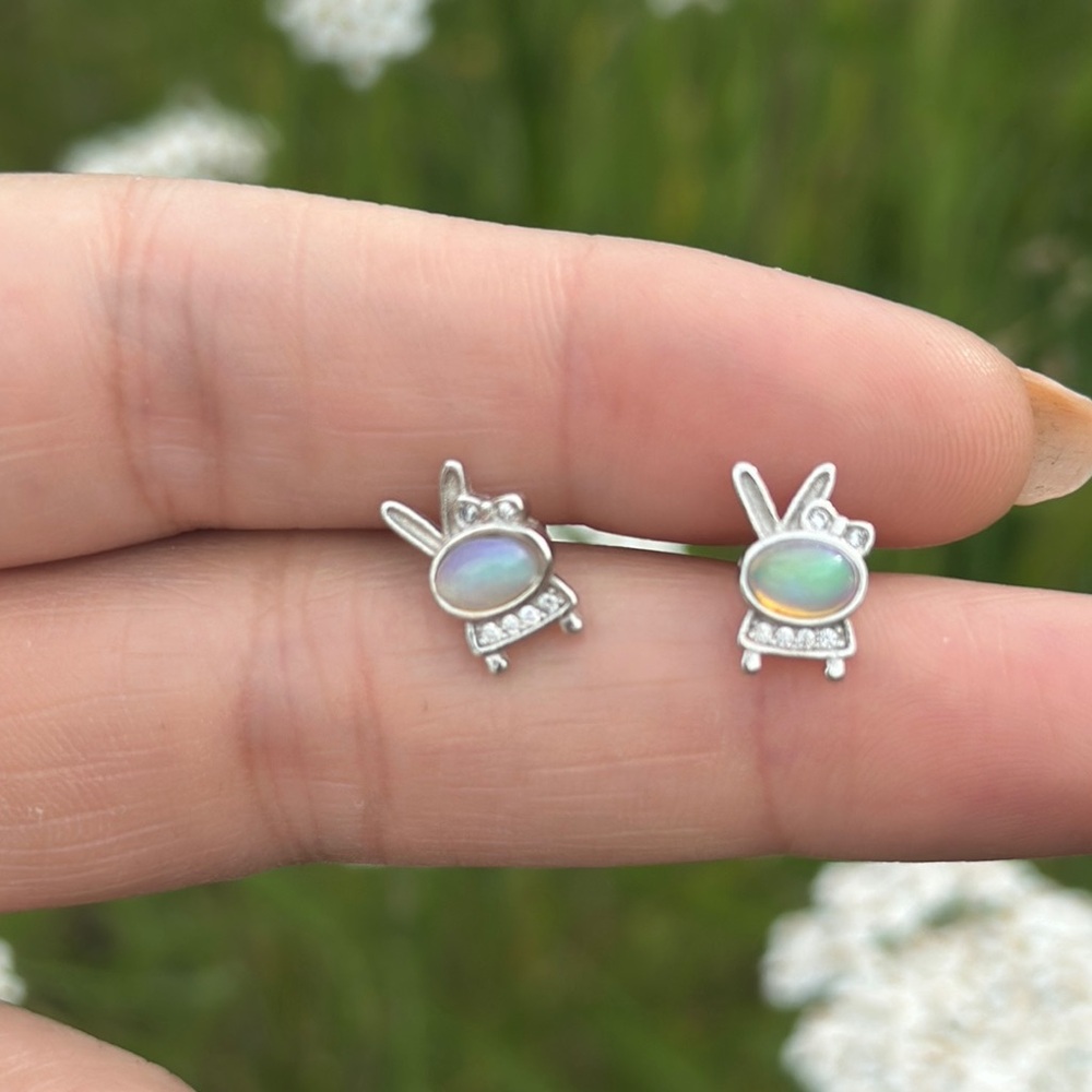 Sterling Silver Bunny Earrings with Ethiopian Opal Accents